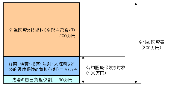 先進医療の技術料（全額自己負担）＝200万円、診察・検査・投薬・注射・入院料など公的医療保険の負担（7割）＝70万円、患者の自己負担（3割）＝30万円、全体の医療費（300万円）、公的医療保険の対象（100万円）